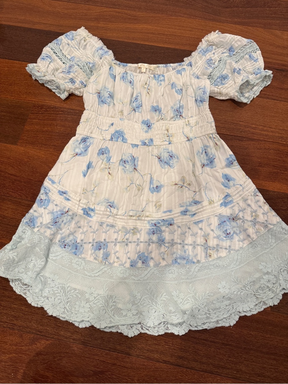 LoveShackFancy White Mini Dress with Light Blue Floral Print